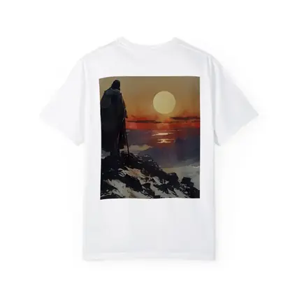 Warrior Figure Watching Sunset Over Mountains