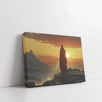 Jesus Standing on Rocky Cliff at Sunset