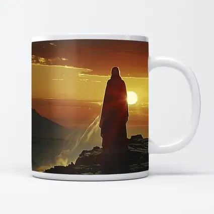 Jesus Standing on Rocky Cliff at Sunset