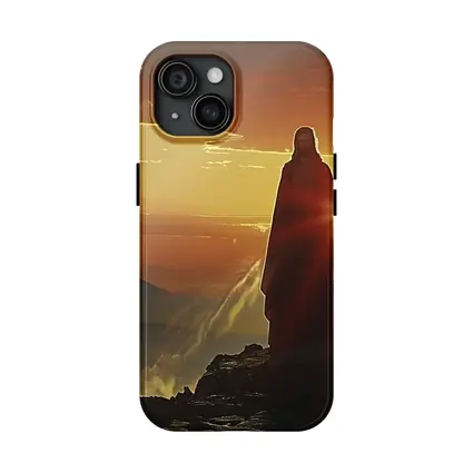 Jesus Standing on Rocky Cliff at Sunset