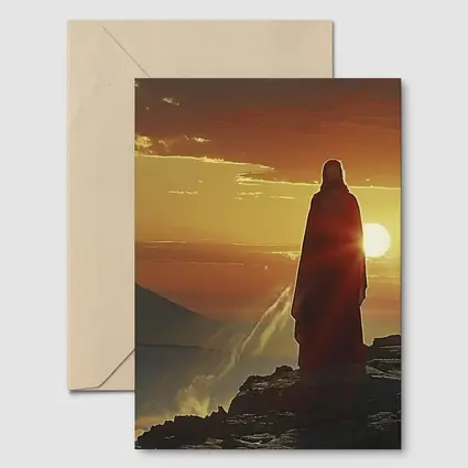 Jesus Standing on Rocky Cliff at Sunset