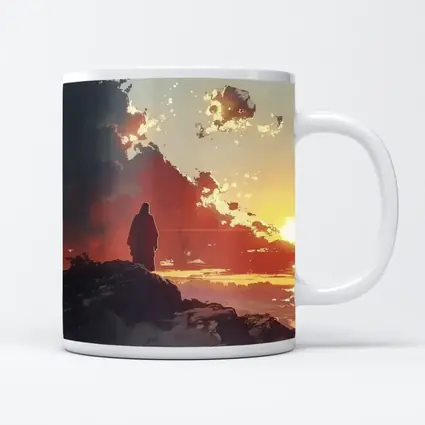 Lone Figure Standing on Rocky Sunset Cliff