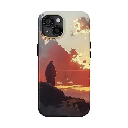 Lone Figure Standing on Rocky Sunset Cliff