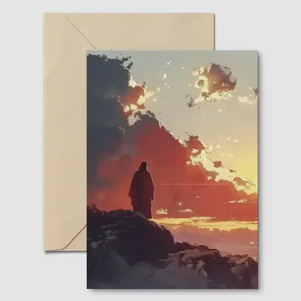 Lone Figure Standing on Rocky Sunset Cliff