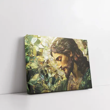 Jesus Stained Glass Green Floral Halo Art