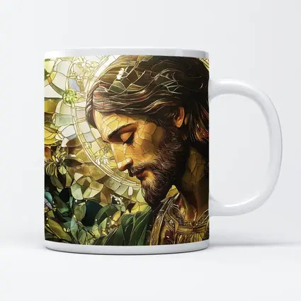 Jesus Stained Glass Green Floral Halo Art