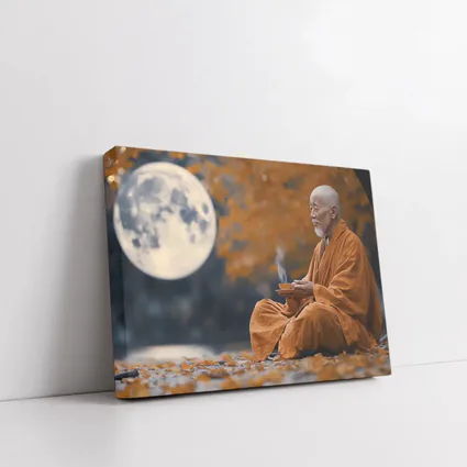 Buddhist Monk Meditating Under Full Moon