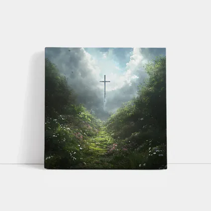 Christian Cross Glowing Above Flower Path