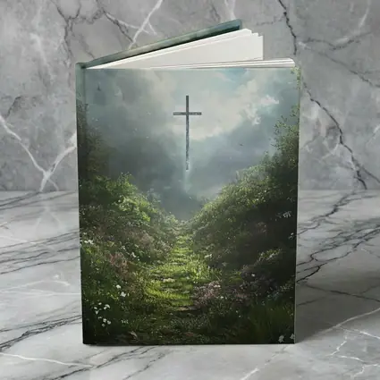 Christian Cross Glowing Above Flower Path