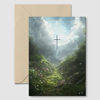 Christian Cross Glowing Above Flower Path