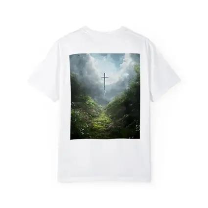 Christian Cross Glowing Above Flower Path