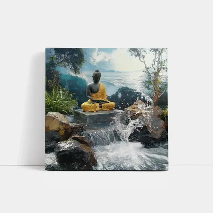 Buddha Statue Waterfall Ocean Tropical Setting