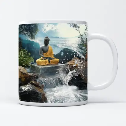 Buddha Statue Waterfall Ocean Tropical Setting