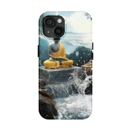 Buddha Statue Waterfall Ocean Tropical Setting