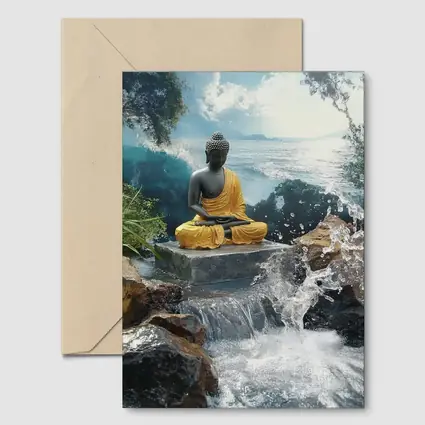 Buddha Statue Waterfall Ocean Tropical Setting