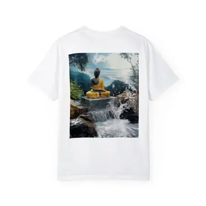 Buddha Statue Waterfall Ocean Tropical Setting