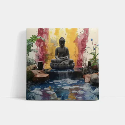 Buddha Statue Lotus Waterfall Colorful Abstract