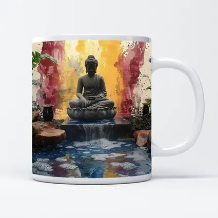 Buddha Statue Lotus Waterfall Colorful Abstract