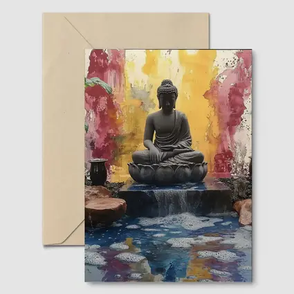 Buddha Statue Lotus Waterfall Colorful Abstract
