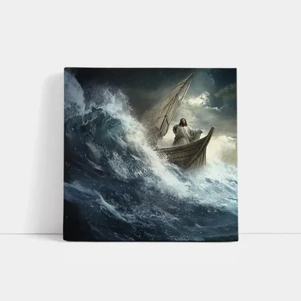 Jesus Standing on Boat in Stormy Sea