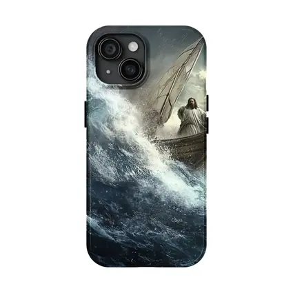 Jesus Standing on Boat in Stormy Sea