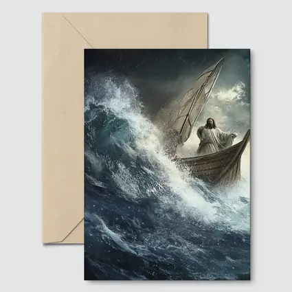 Jesus Standing on Boat in Stormy Sea
