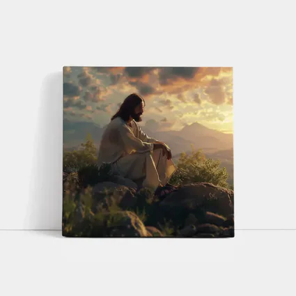 Jesus Sitting on Rocks at Sunset