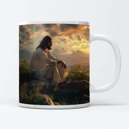 Jesus Sitting on Rocks at Sunset