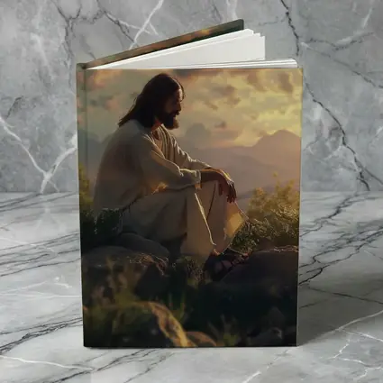 Jesus Sitting on Rocks at Sunset