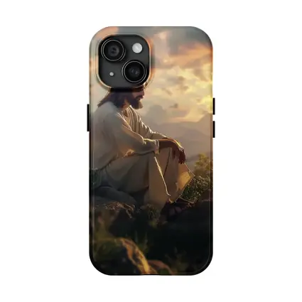 Jesus Sitting on Rocks at Sunset