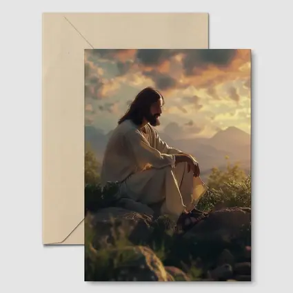 Jesus Sitting on Rocks at Sunset