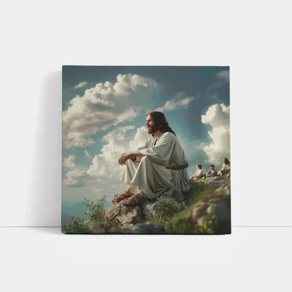 Jesus Sitting on Rocky Hilltop Cloudy Sky