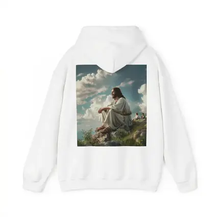 Jesus Sitting on Rocky Hilltop Cloudy Sky