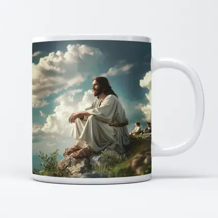Jesus Sitting on Rocky Hilltop Cloudy Sky