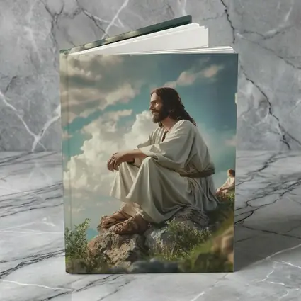 Jesus Sitting on Rocky Hilltop Cloudy Sky
