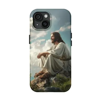Jesus Sitting on Rocky Hilltop Cloudy Sky