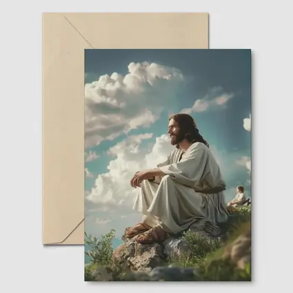 Jesus Sitting on Rocky Hilltop Cloudy Sky