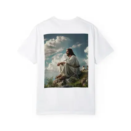 Jesus Sitting on Rocky Hilltop Cloudy Sky