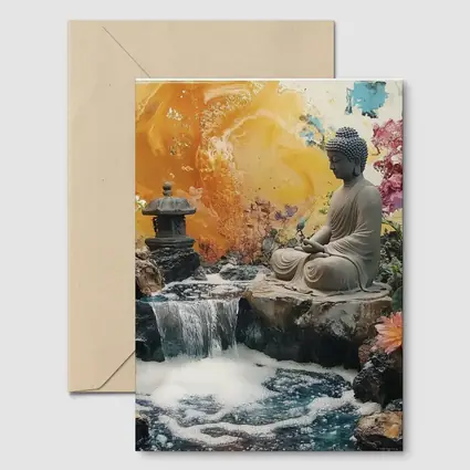 Buddha Statue Waterfall Garden Colorful Background