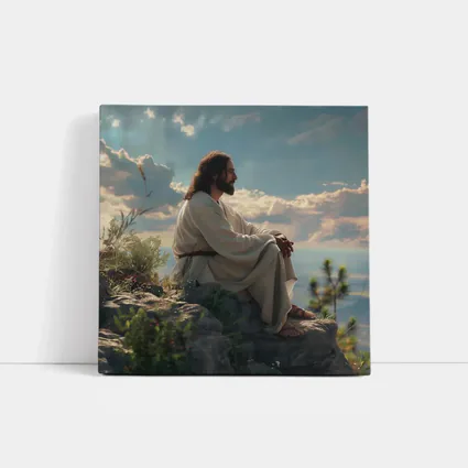 Jesus Sitting On Rocky Hillside Peaceful Sky