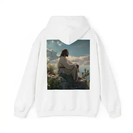 Jesus Sitting On Rocky Hillside Peaceful Sky