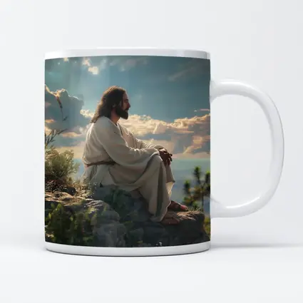 Jesus Sitting On Rocky Hillside Peaceful Sky