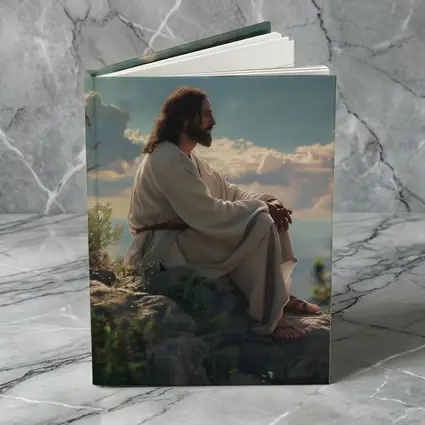 Jesus Sitting On Rocky Hillside Peaceful Sky