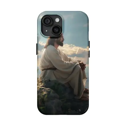 Jesus Sitting On Rocky Hillside Peaceful Sky