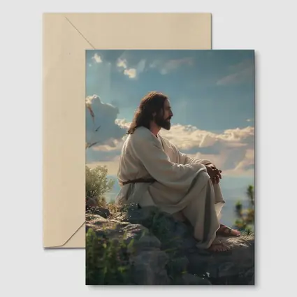 Jesus Sitting On Rocky Hillside Peaceful Sky