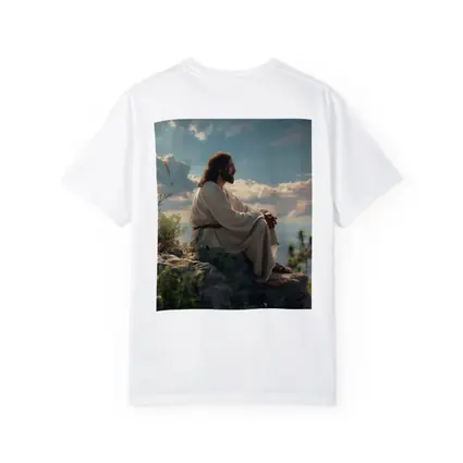 Jesus Sitting On Rocky Hillside Peaceful Sky