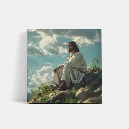 Jesus Sitting On Rocky Hillside Clouds