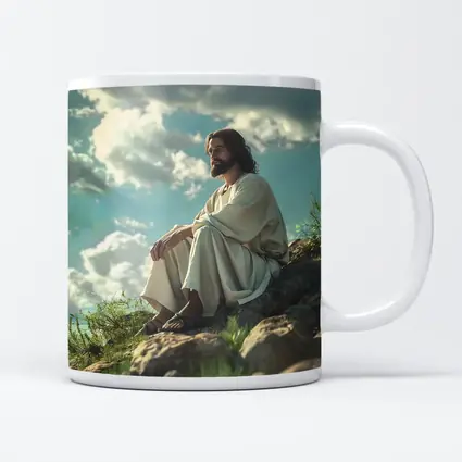 Jesus Sitting On Rocky Hillside Clouds