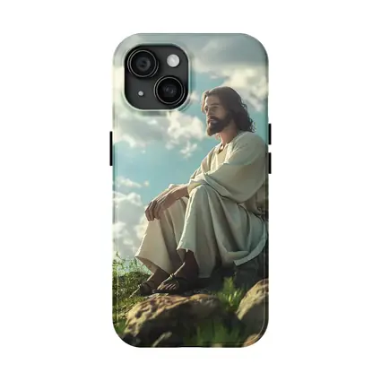 Jesus Sitting On Rocky Hillside Clouds