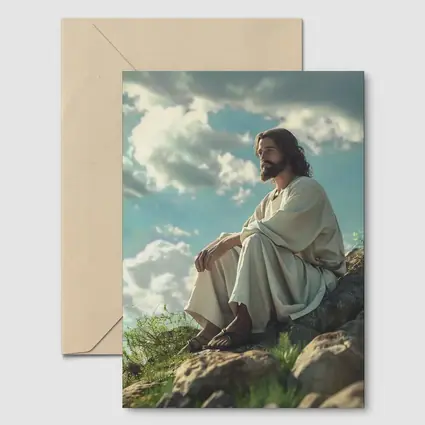 Jesus Sitting On Rocky Hillside Clouds